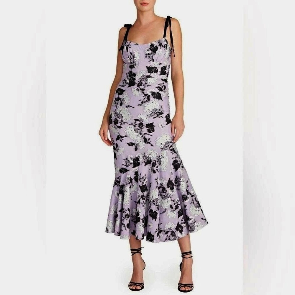ML Monique Lhuillier Floral Midi Dress 6 Lavender Tie Shoulder Cottage